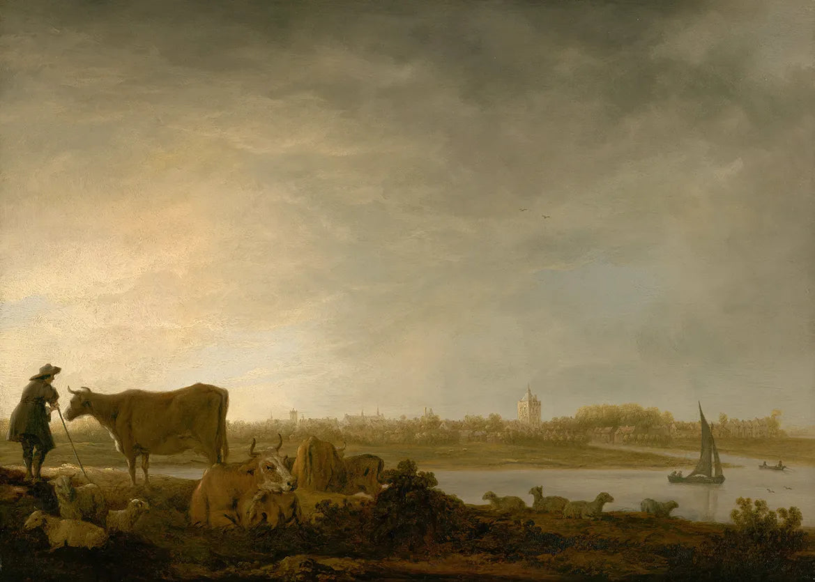 A View of Vianen with a Herdsman and Cattle by a River