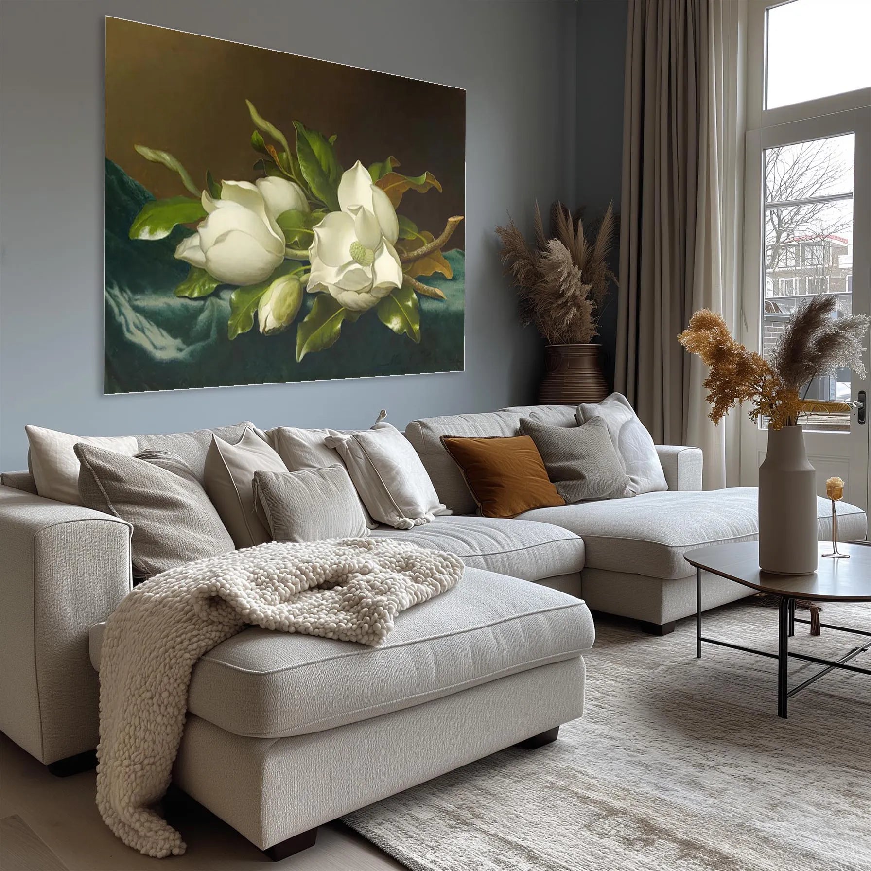Magnolias on Light Blue Velvet Cloth