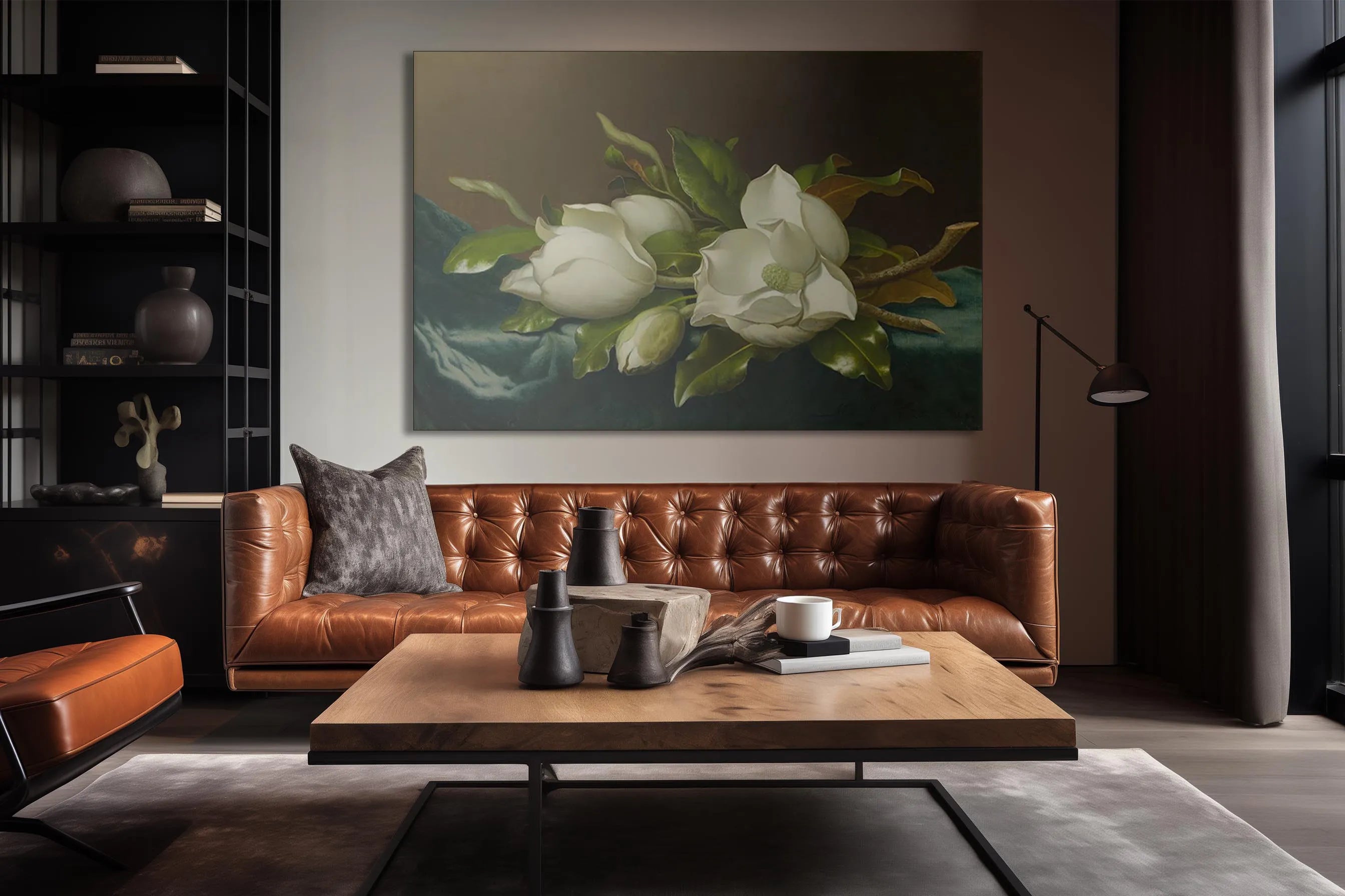 Magnolias on Light Blue Velvet Cloth