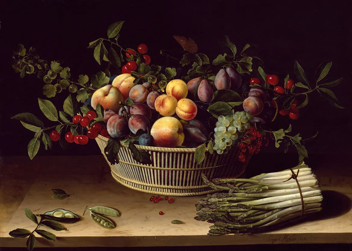 Still Life with a Basket of Fruit and a Bunch of Asparagus