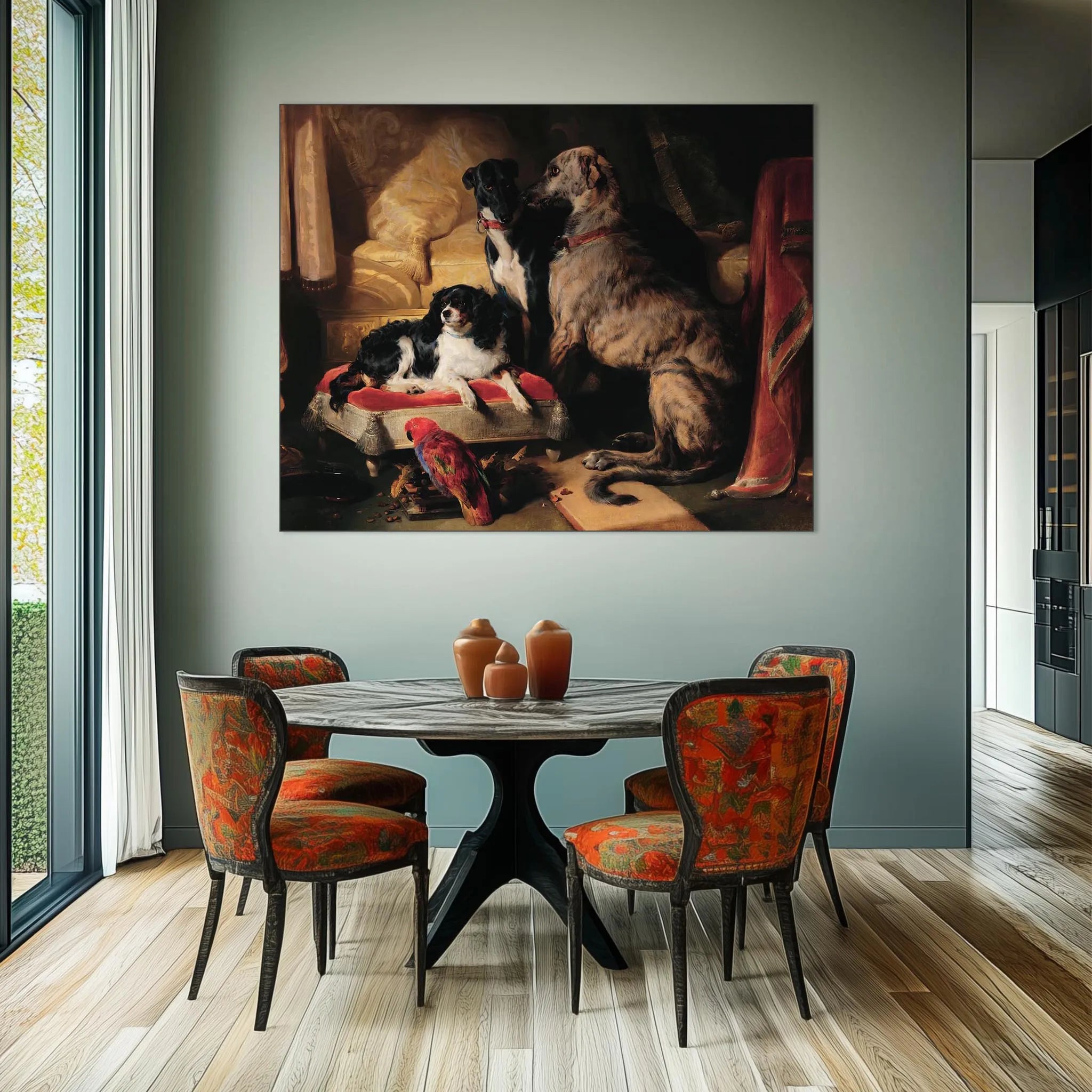Hector, Nero, and Dash with the parrot, Lory