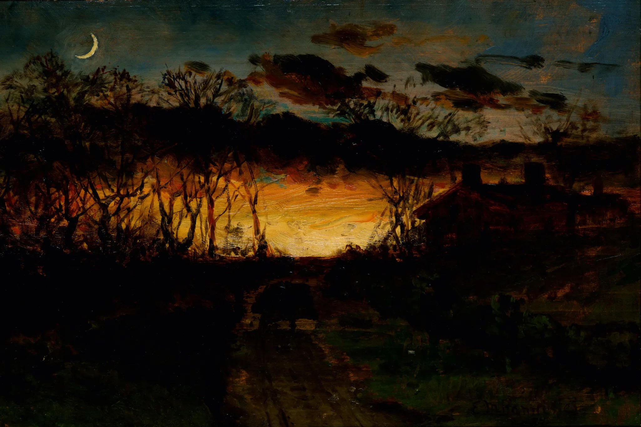Untitled (Sunset with Quarter Moon and Farmhouse)