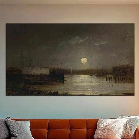 Untitled (Moon Over a Harbor, Wharf Scene with Full Moon and Masts of Boats)