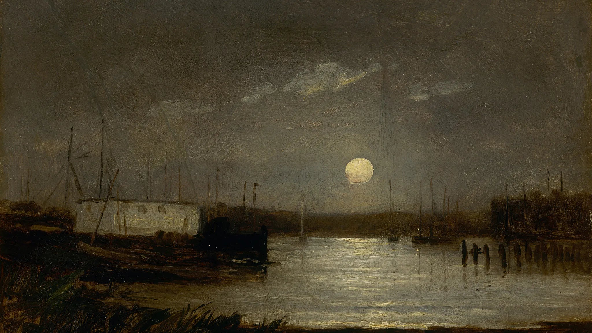 Untitled (Moon Over a Harbor, Wharf Scene with Full Moon and Masts of Boats)