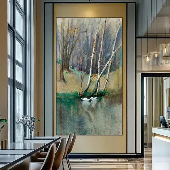 Untitled (Wood Scene with Birch Trees and Ducks)
