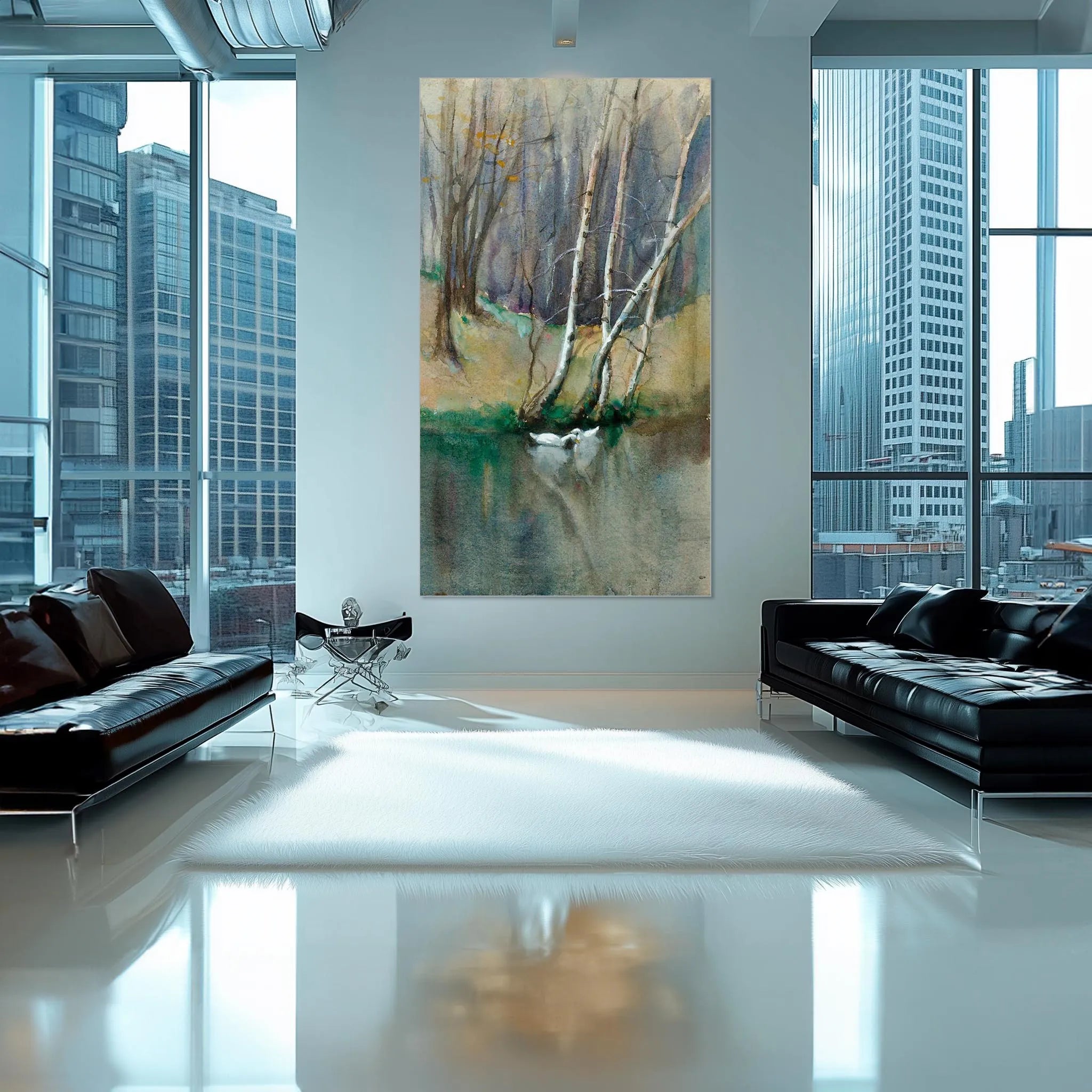 Untitled (Wood Scene with Birch Trees and Ducks)