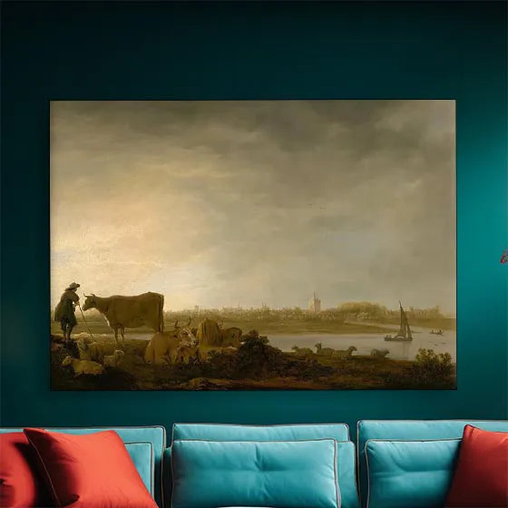 A View of Vianen with a Herdsman and Cattle by a River