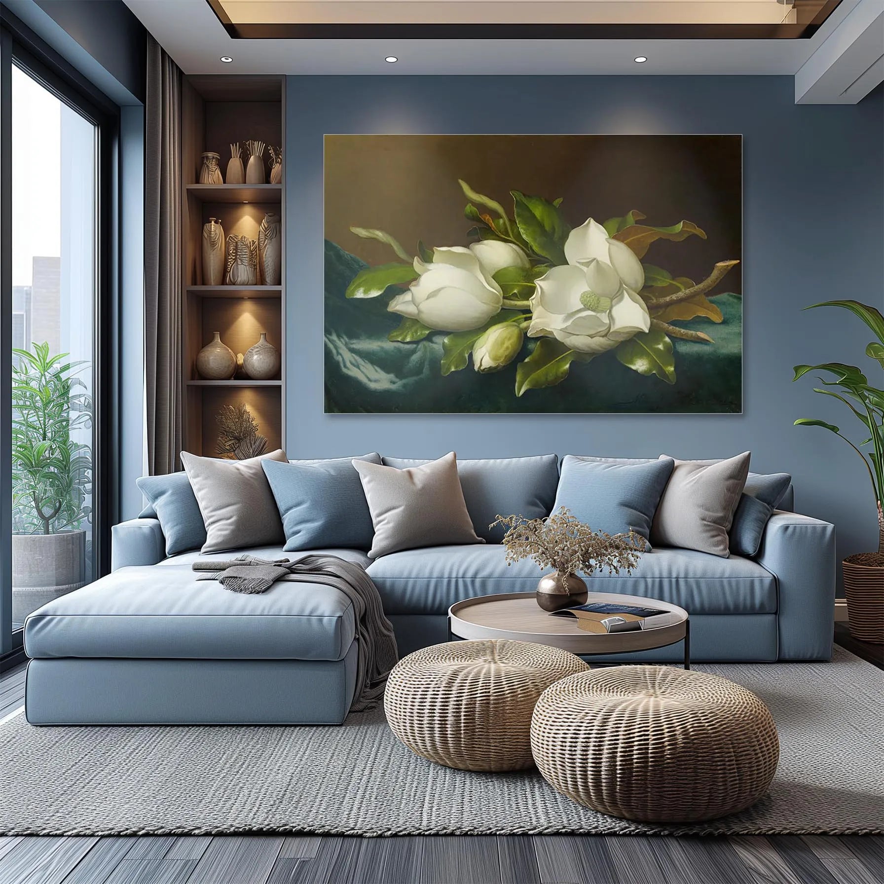 Magnolias on Light Blue Velvet Cloth