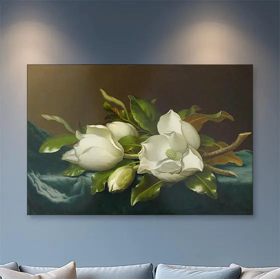Magnolias on Light Blue Velvet Cloth