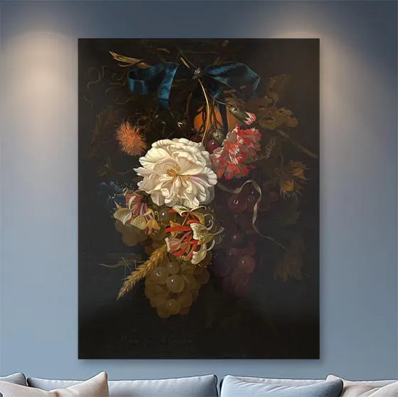 Bouquet of Flowers and Fruit with Blue Ribbon