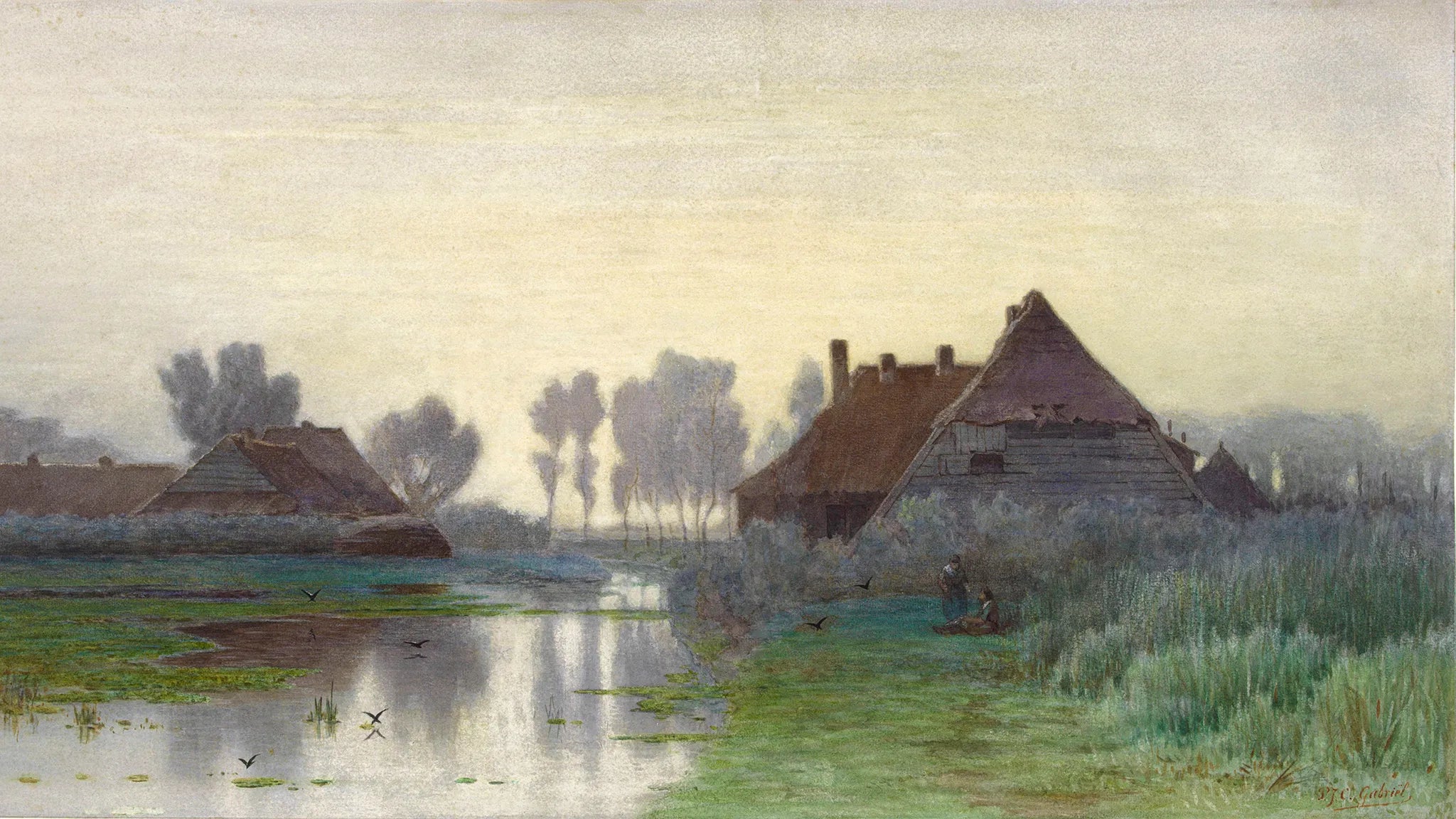 Bauernhäuser am Wasser im Morgennebel