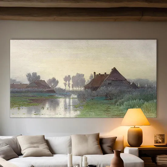 Farmhouses on the water in the morning mist