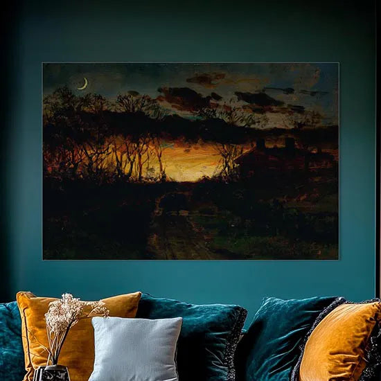Untitled (Sunset with Quarter Moon and Farmhouse)